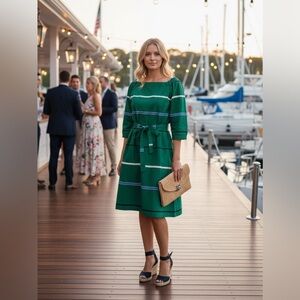 Ann Taylor Green and White Striped Midi Dress